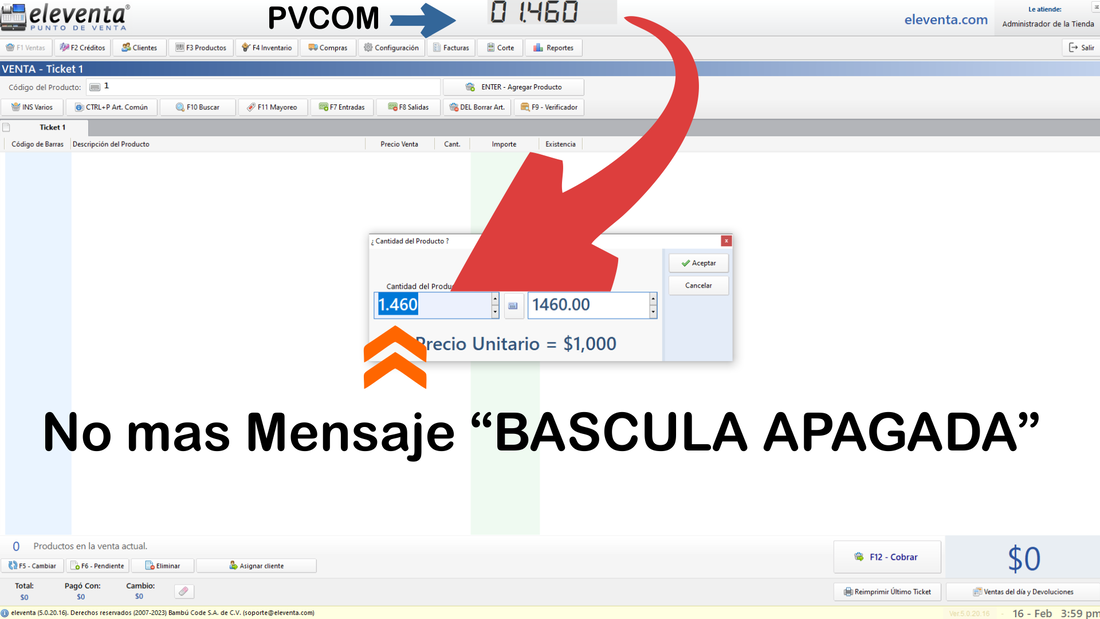 PV-COM enviando peso a Eleventa POS — No más mensaje Báscula Apagada